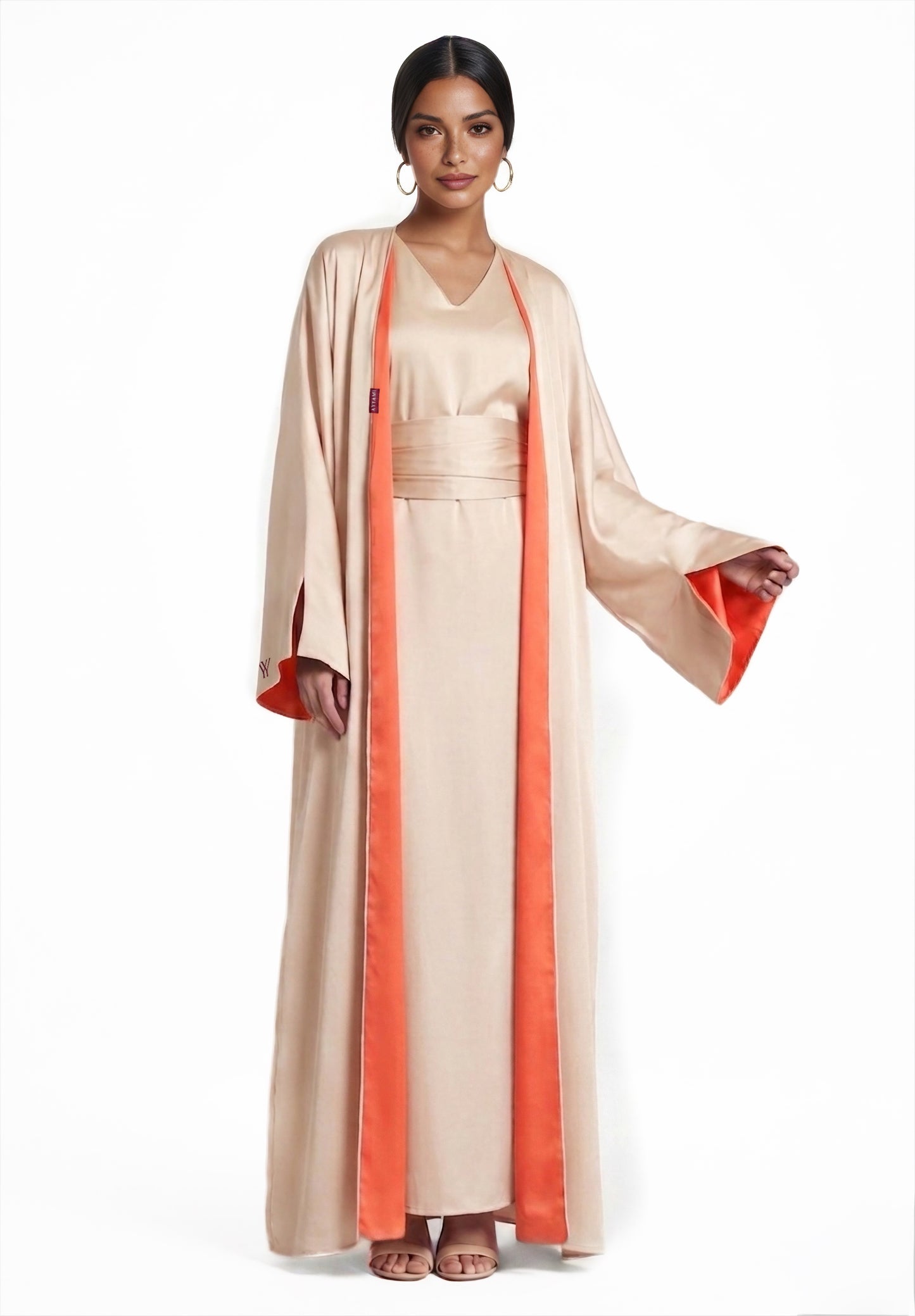 TWO-SIDED SILK ABAYA SET PEACH X CREAM