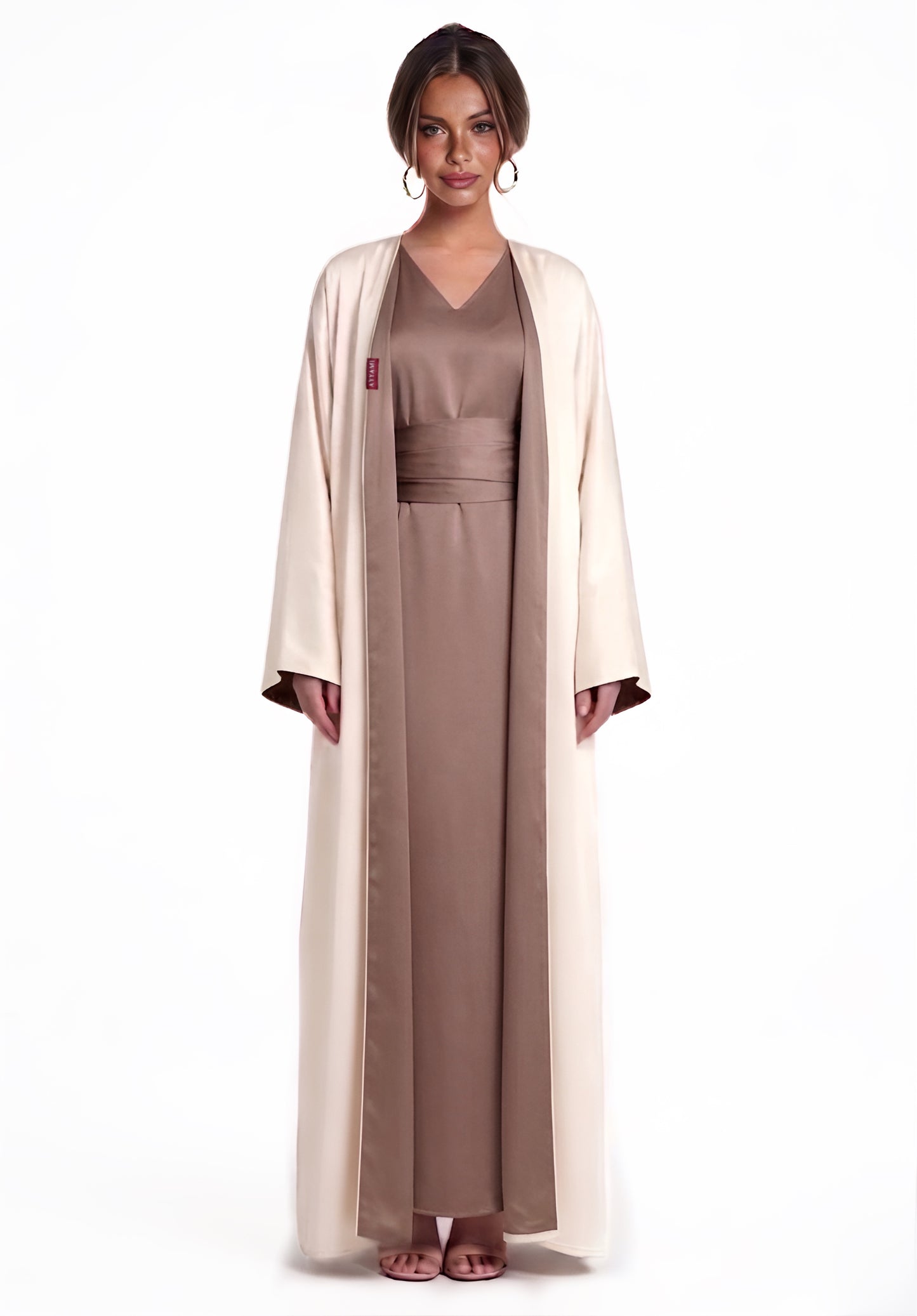 TWO-SIDED SILK ABAYA TAUPE X CREAM