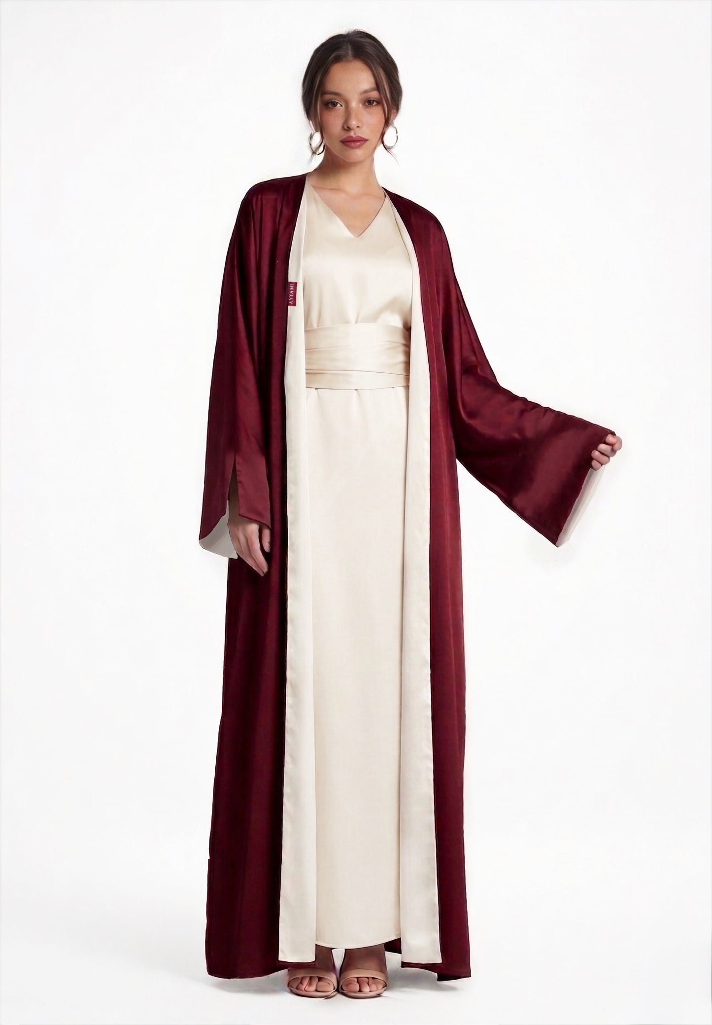 TWO-SIDED SILK ABAYA DARK BURGUNDY X CHAMPAGNE
