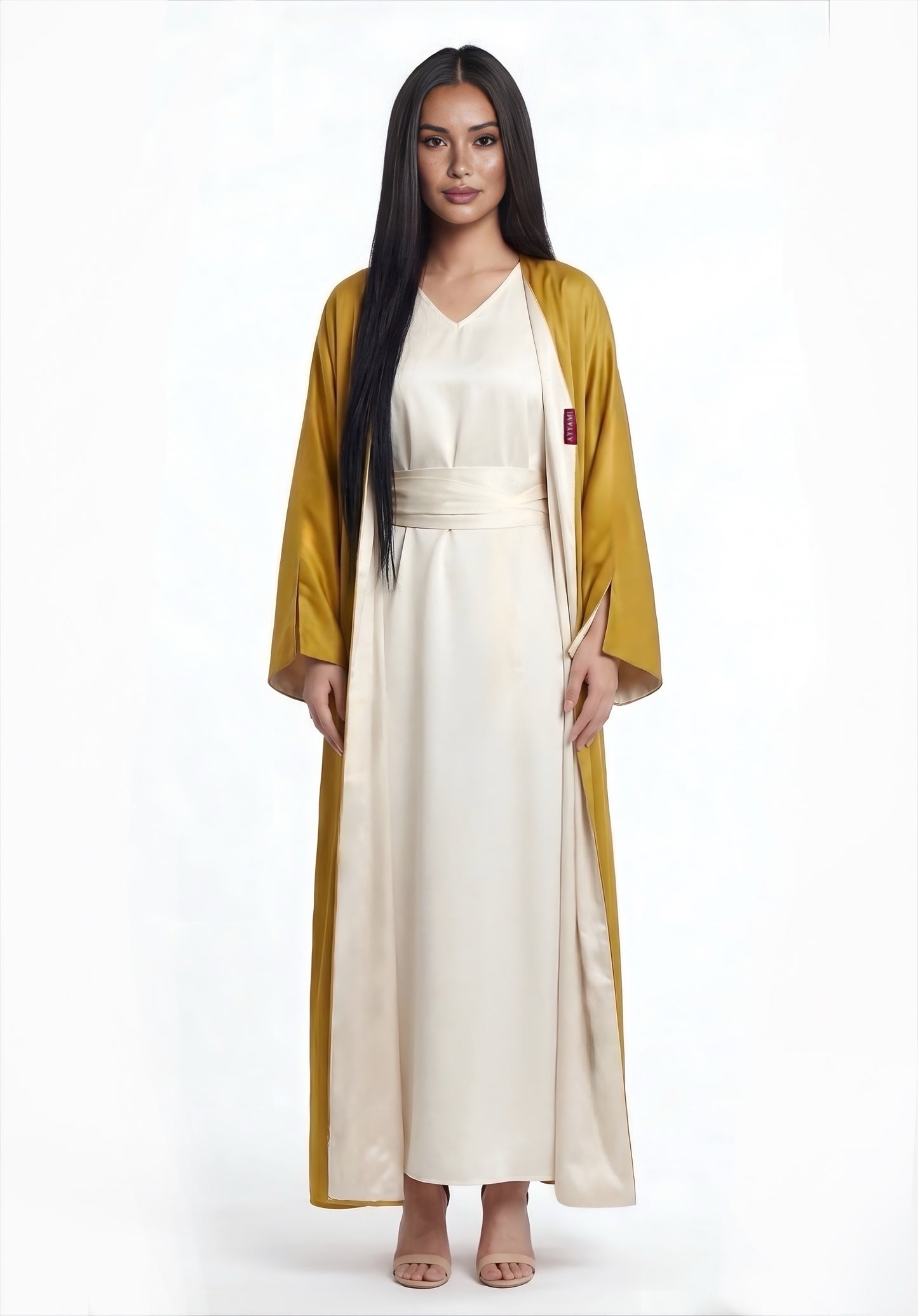 TWO-SIDED SILK ABAYA GOLDEN YELLOW X OFF-WHITE
