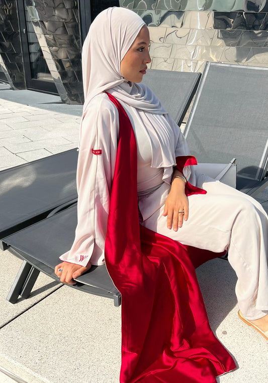 ABAYA EN SOIE DOUBLE FACE CERISE X BEIGE
