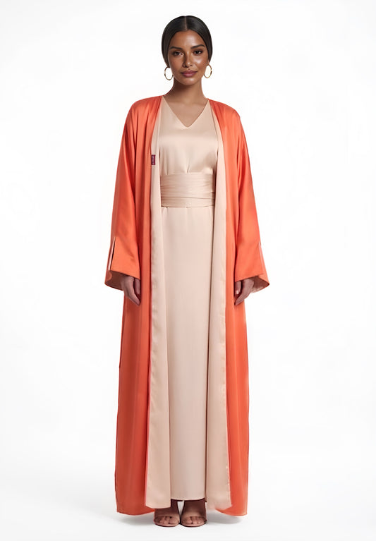 TWO-SIDED SILK ABAYA SET PEACH X CREAM