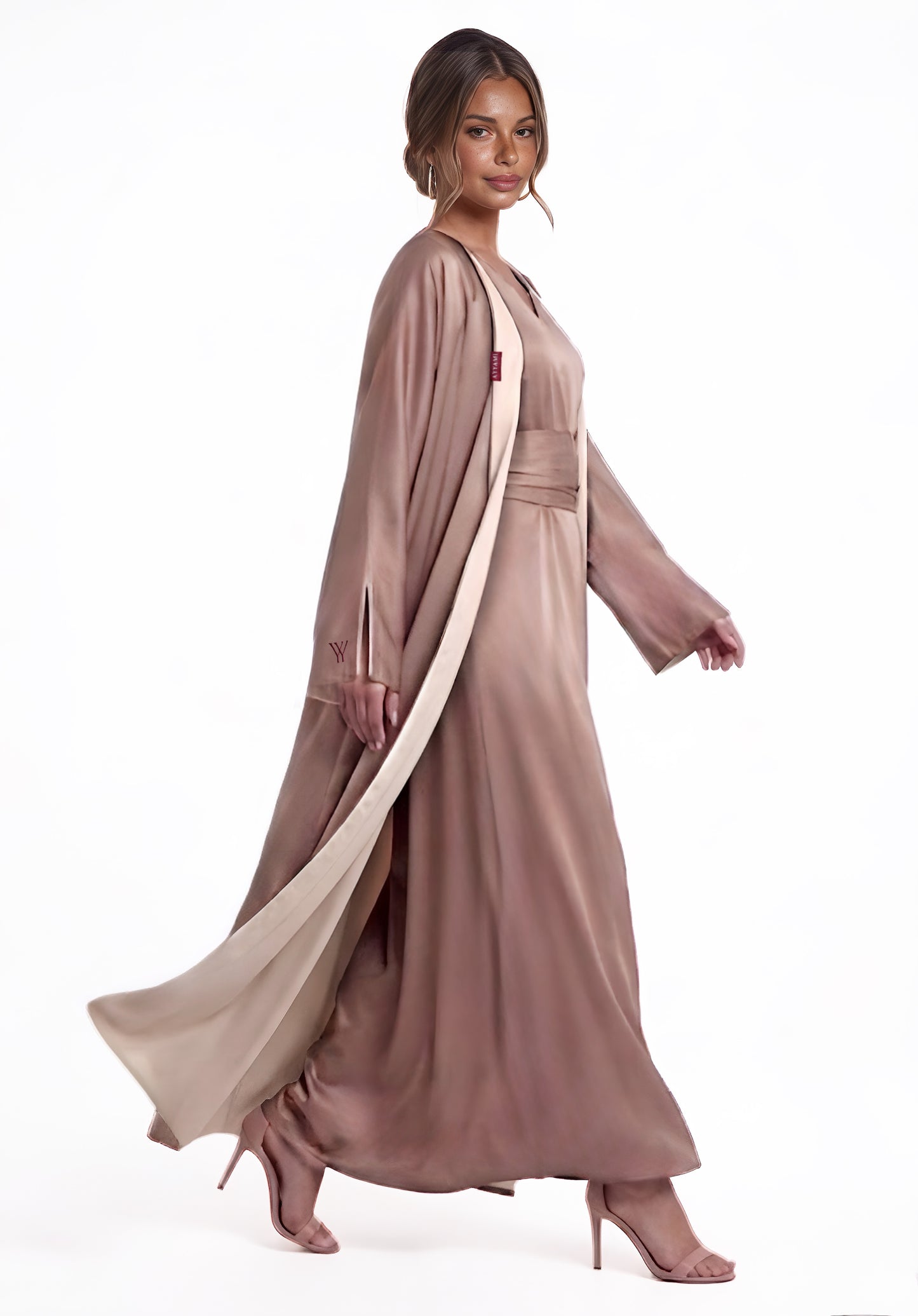 TWO-SIDED SILK ABAYA TAUPE X CREAM