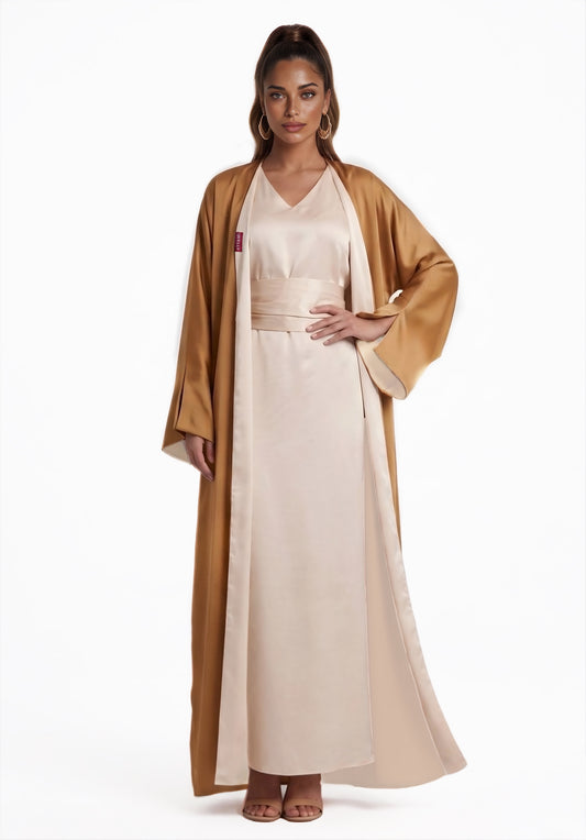 TWO-SIDED SILK ABAYA CARAMEL X CREAM