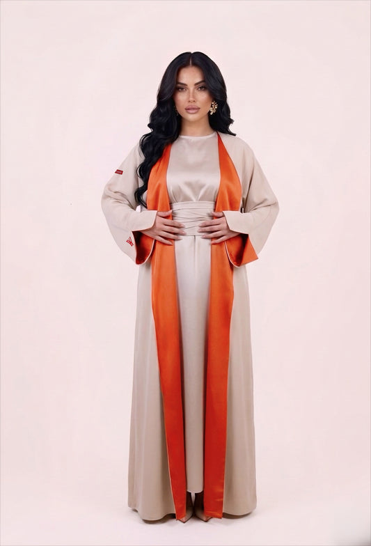 TWO-SIDED SILK ABAYA PEACH X BEIGE