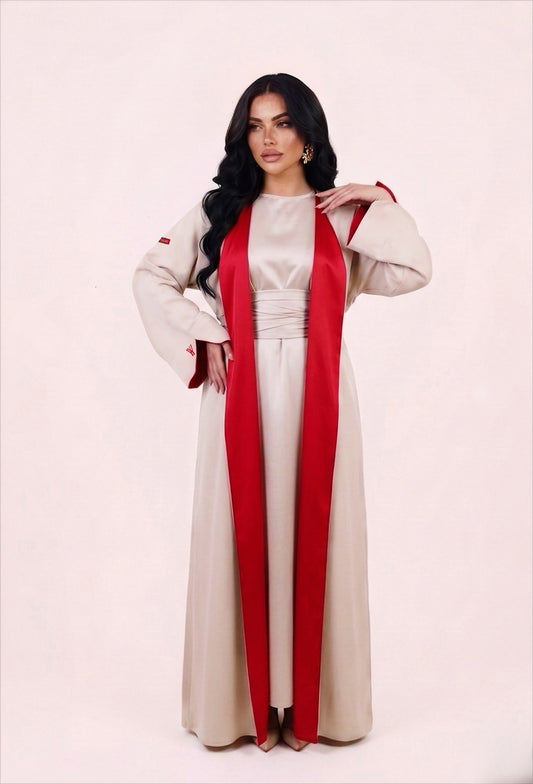 TWO-SIDED SILK ABAYA CHERRY X BEIGE