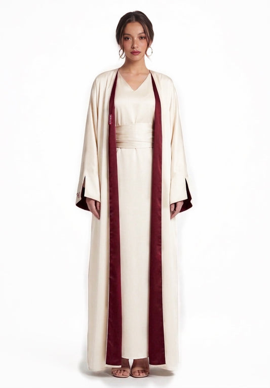 TWO-SIDED SILK ABAYA DARK BURGUNDY X CHAMPAGNE