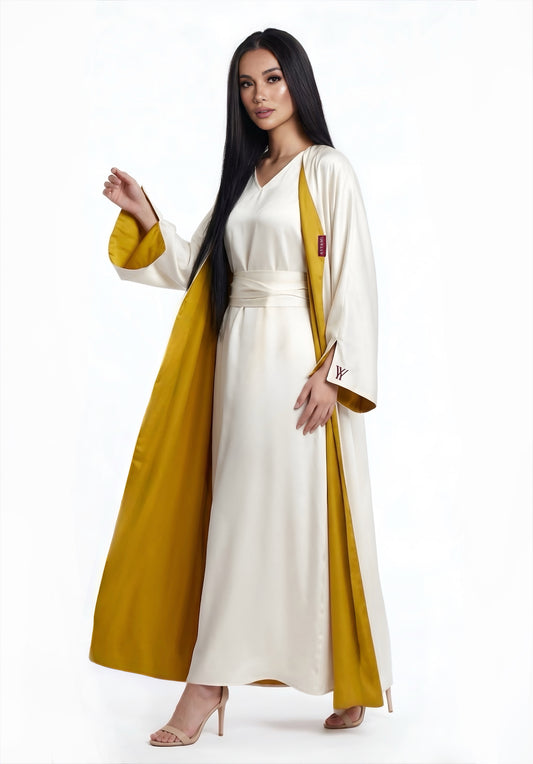 TWO-SIDED SILK ABAYA GOLDEN YELLOW X OFF-WHITE
